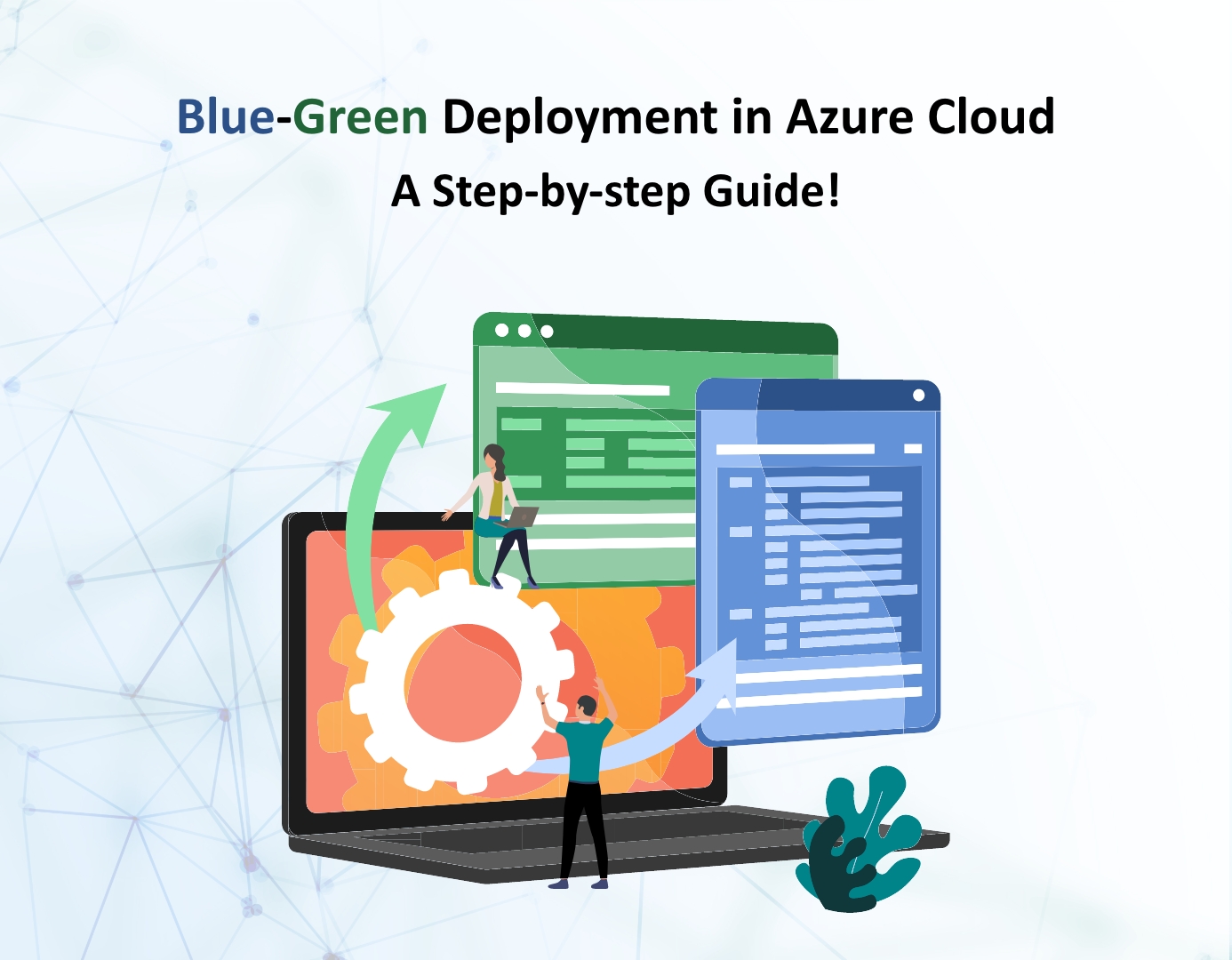 Blue-Green Deployment in Azure Cloud, depicting a transition from blue to green spheres, symbolizing smooth application updates.