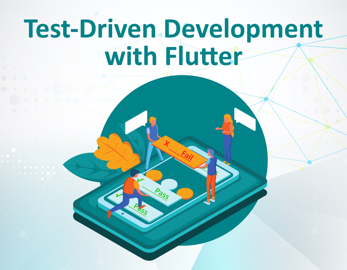 Flutter TDD Blog Thumbnail: Illustration depicting Test-Driven Development using Flutter, including code development, testing and iterative refinement.