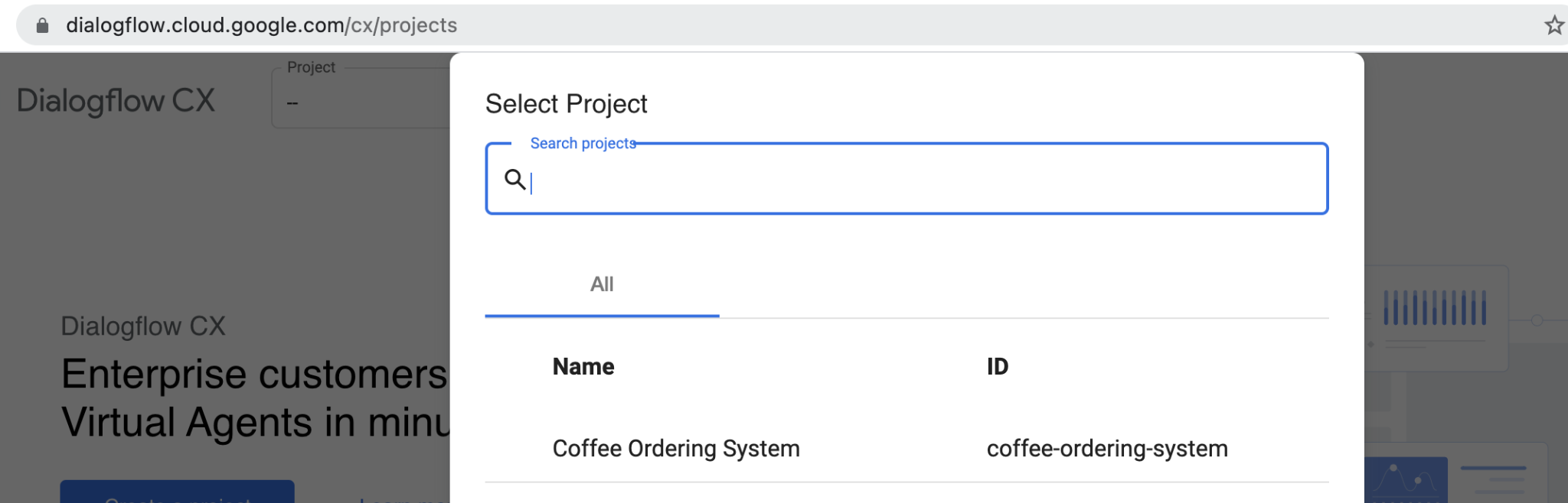 Voicebot based ordering system, Google Dialogflow, NLP, New Project created