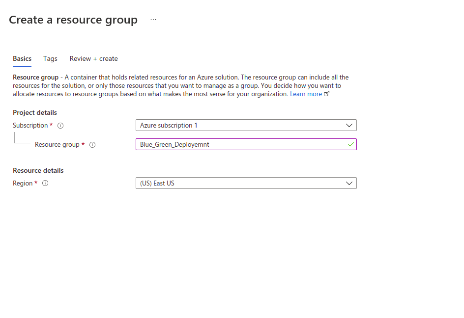 Azure settings, Resource group for Blue Green Deployment, Azure subscription, Creating Azure Resource Group