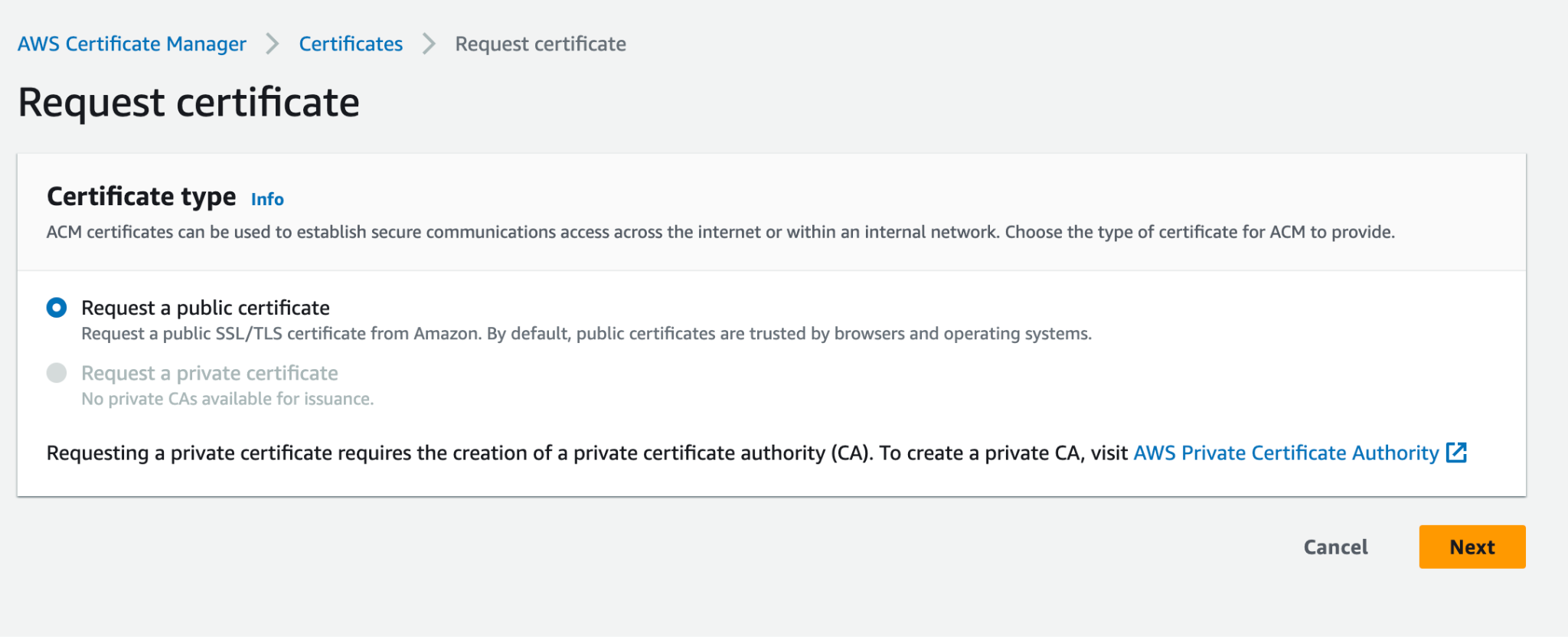 AWS Certificate Manager interface: Search, request a public SSL/TLS certificate for secure communication.