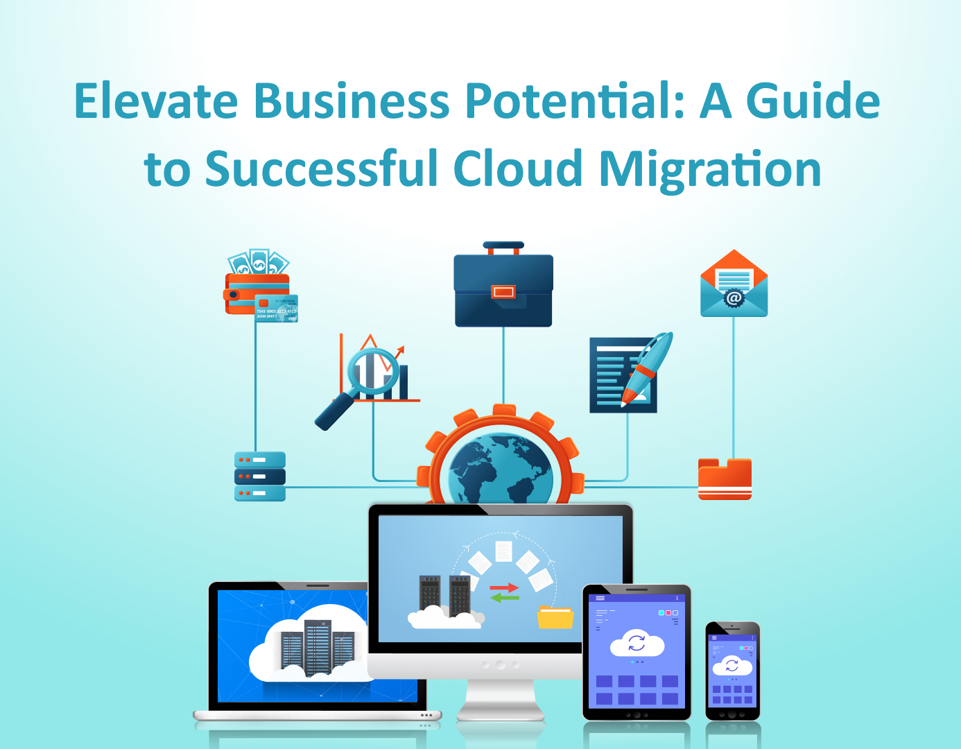Representing the transformative potential of cloud migration with key concepts like strategies, benefits, types, and best practices.