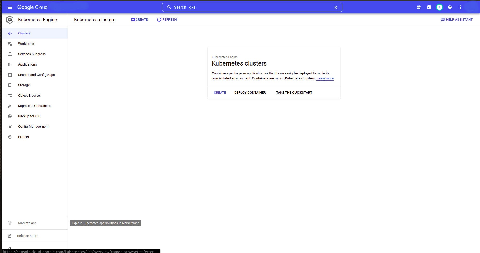 Screenshot of GCP Console Login: Navigating to GKE Creation