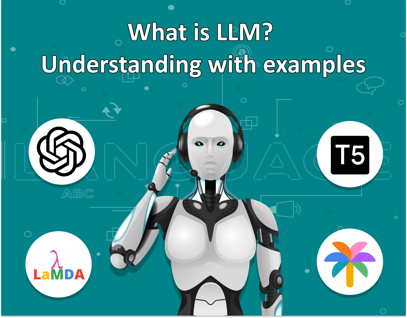 Thumbnail representing a blog post about Large Language Models (LLMs). Features icons denoting various LLM tasks like translation, text generation, and sentiment analysis.