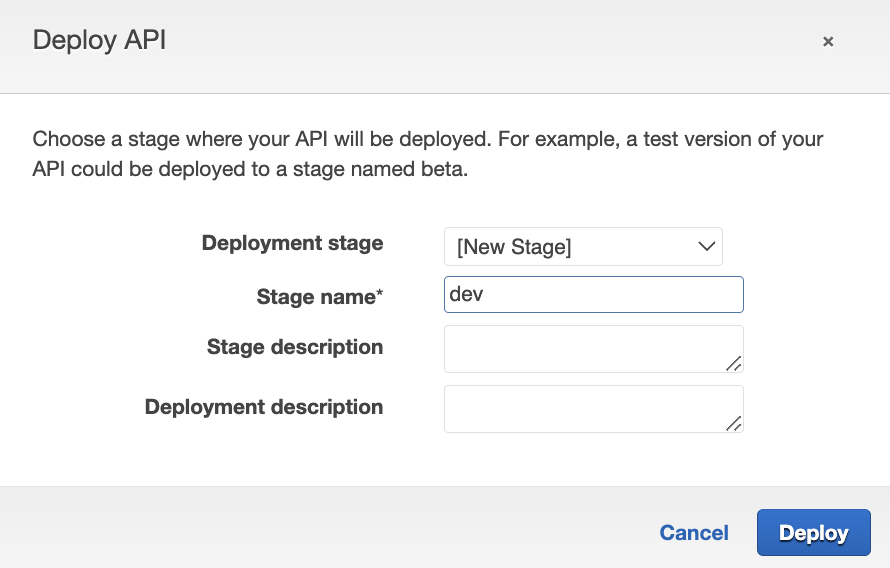 AWS API Gateway Deployment: Providing deployment details, creating a new stage dev, and clicking Deploy for API deployment.