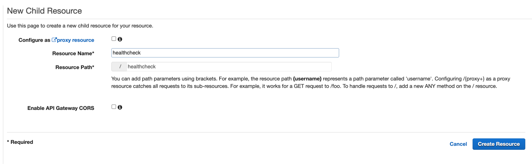 AWS API Gateway Setup: Go to API, create resource named healthcheck with path /healthcheck.