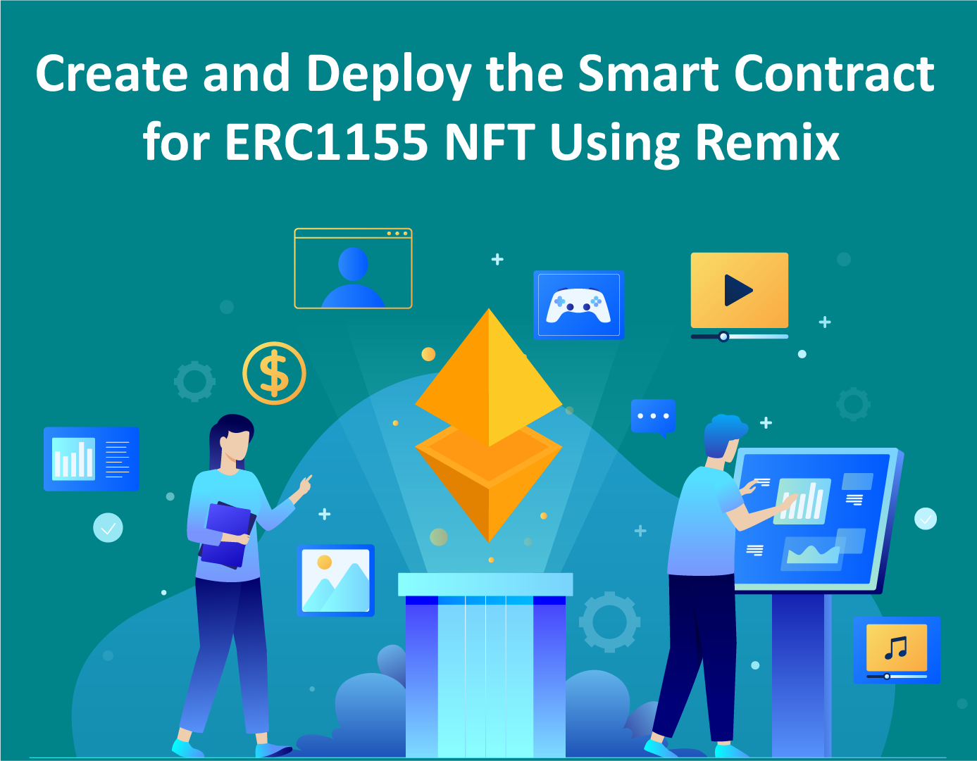 A visually appealing thumbnail representing the topic of the blog post, showcasing elements related to ERC1155 NFT smart contracts and their creation.