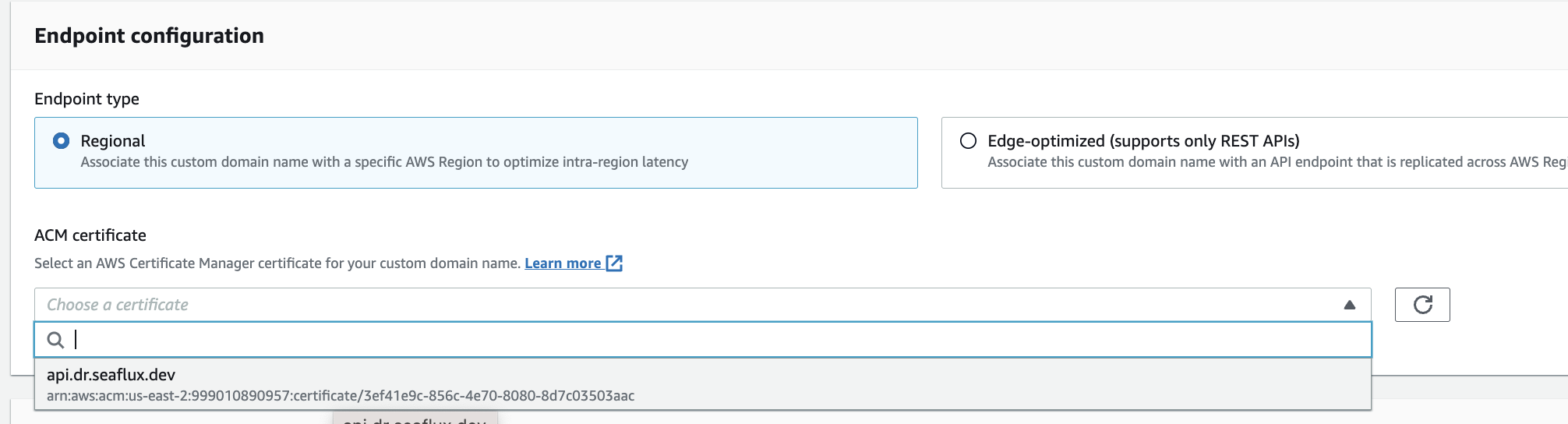 AWS API Gateway ACM Configuration: Choosing ACM (AWS Certificate Manager) from Endpoint Configuration and selecting a certificate for the custom domain