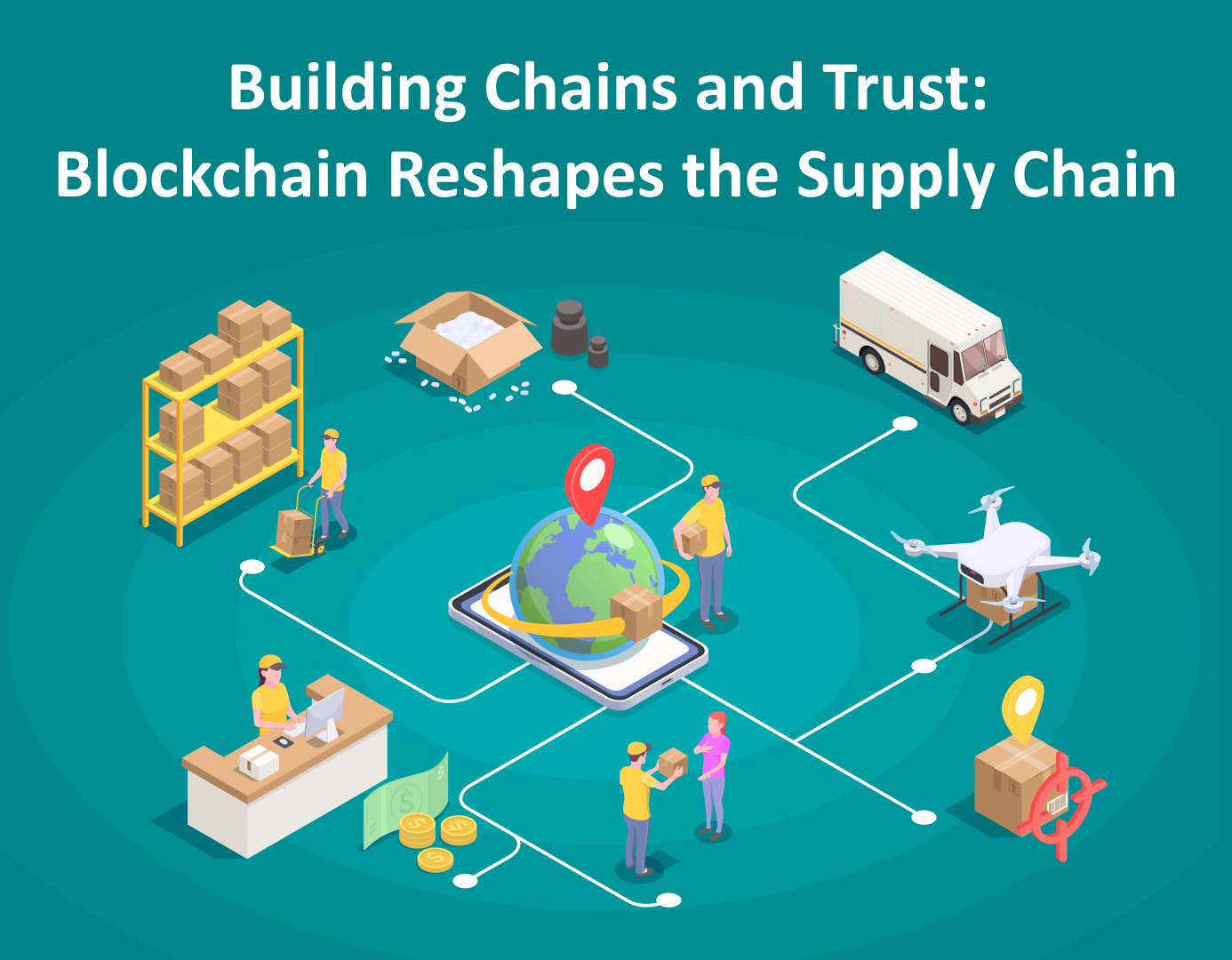 Blocks and chains visualize blockchain enhancing supply chain - transparency, traceability, efficiency, security.