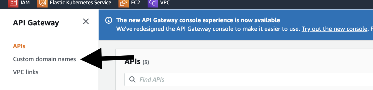 AWS API Gateway Custom Domain Setup: Accessing Custom domain names in the redesigned API Gateway console.