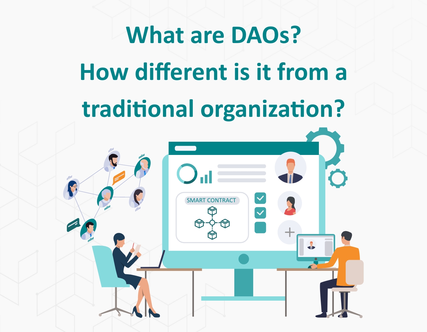 Blog Thumbnail: An illustration depicting DAOs (decentralized autonomous organizations) using blockchain.