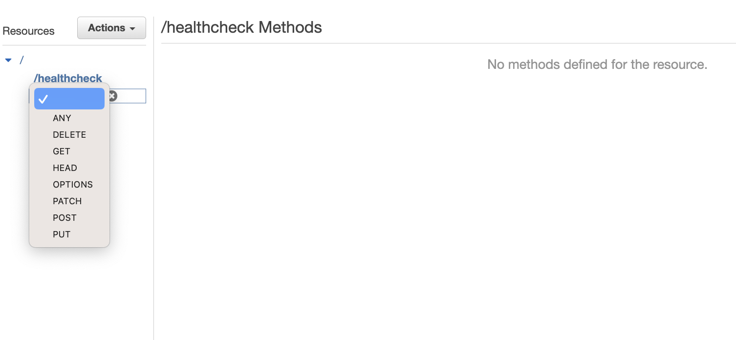 AWS API Gateway Method Creation: Clicking Create Method, selecting ANY from the drop-down options for the healthcheck resource.