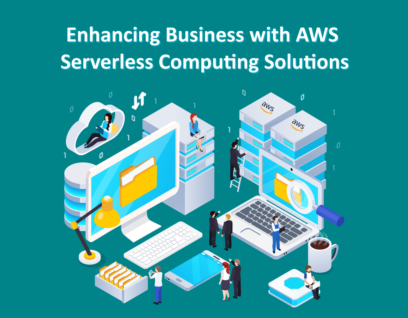concept of optimizing business with AWS serverless computing solutions, featuring icons and graphics related to cloud technology and business growth.