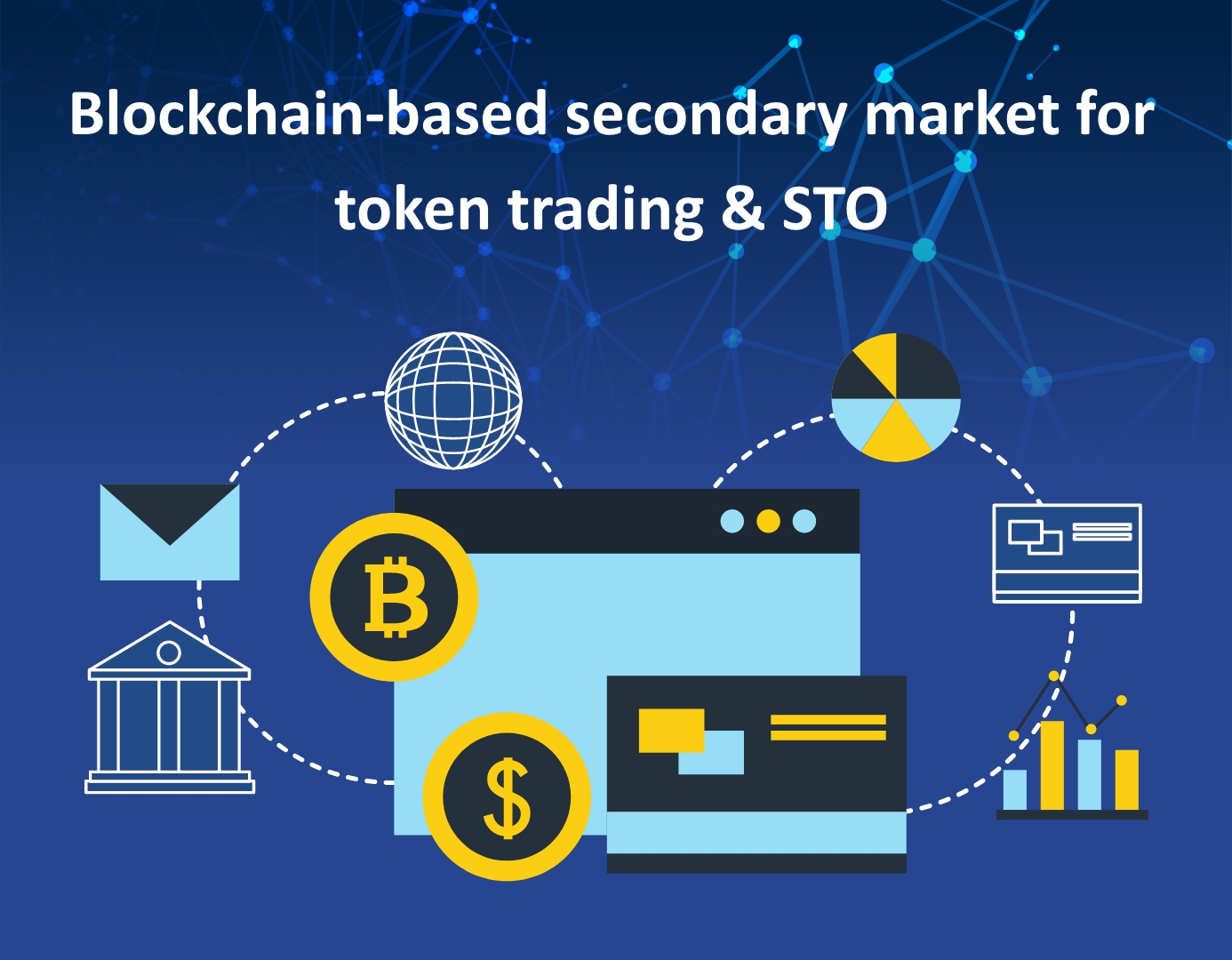 Blockchain-powered secondary market showcasing token trading and security token offering (STO), revolutionizing digital asset exchange and investment