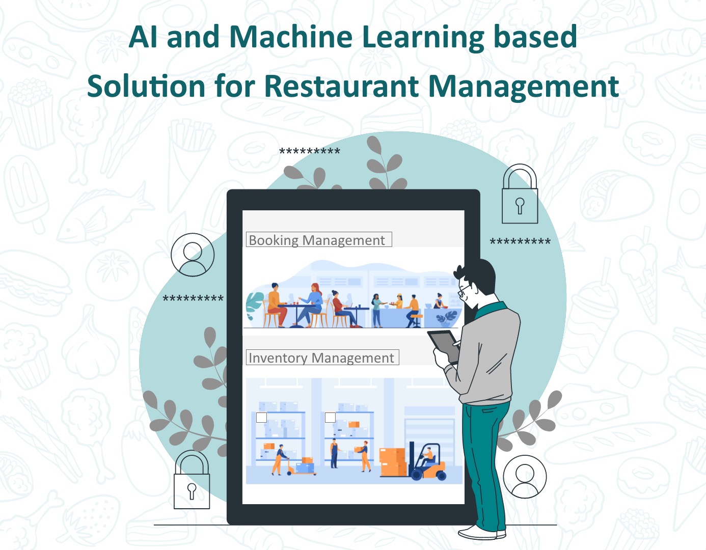 A restaurant scene with AI and machine learning elements, representing an innovative solution for restaurant management